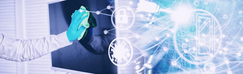 House cleaning concept. Wipe dust off surfaces. Disinfectant treatment of door handles TV...