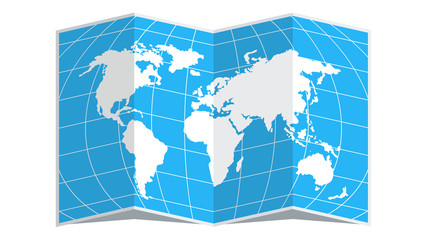 Open Folded World Map. White continents on a sky blue background.