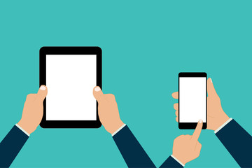 hand hold tablet finger touch screen vector