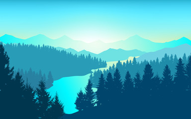 Fototapeta na wymiar Vector background. Morning in beautiful mountains with river. Abstract illustration mountains and dense forest down to the valley in the foreground. Mountain landscape. 