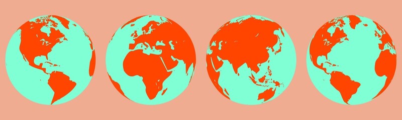 Earth globe icons. Earth hemispheres with continents. Vector world map set.
