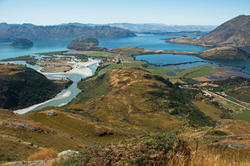 View of Lake Wanaka from the summit of Rocky Mountain near Wanaka in Otago on South Island of New...