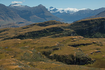 Fototapeta na wymiar View from the summit of Rocky Mountain near Wanaka in Otago on South Island of New Zealand 