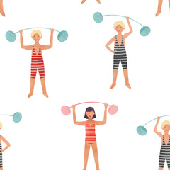 Beautiful vector seamless pattern with cute fitness people. Stock illustration