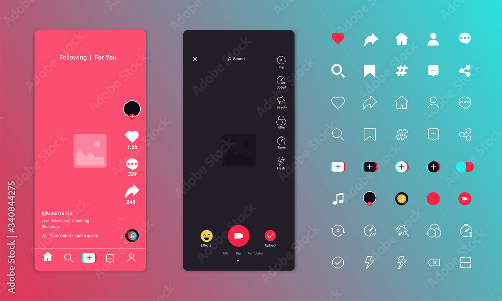 Poster app screen interface and icons in social media application. music and video app icons. app mock up t