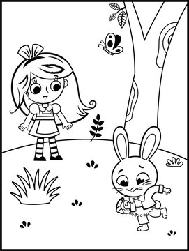 A coloring page for kids in Alice In Wonderland theme. Vector illustration. Black and White.