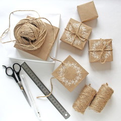 Set of accessories and tools, gift brown box for surprise craft hand made scissors ruler