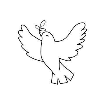 Dove Of Peace. Illustration with dove holding an olive branch symbolising peace on earth. Line Art dove. Ink painting style. Line art for logo and design. Vector illustration. Peace logo.