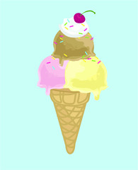 ice cream strawberry chocolate and vanilla three scoops cornet scoop sweet sugar summer symbol cold snack isolated on white background
