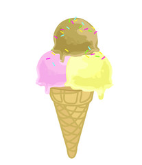 ice cream strawberry chocolate and vanilla three scoops cornet scoop sweet sugar summer symbol cold snack isolated on white background