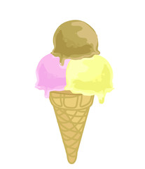 ice cream strawberry chocolate and vanilla three scoops cornet scoop sweet sugar summer symbol cold snack isolated on white background