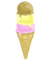 ice cream strawberry chocolate and vanilla three scoops cornet scoop sweet sugar summer symbol cold snack isolated on white background