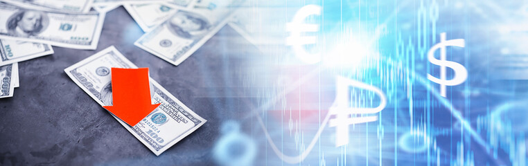 Instability in the economy. Recession. World crisis. Banknotes dollars on a table. Economic crisis. The fall of the national currency. Volatility.