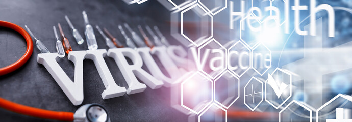 Double exposure. Medical background. Coronavirus wooden letters. Background of the deadliest...