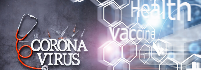 Double exposure. Medical background. Coronavirus wooden letters. Background of the deadliest pandemic virus in the world. Vaccine for the virus.