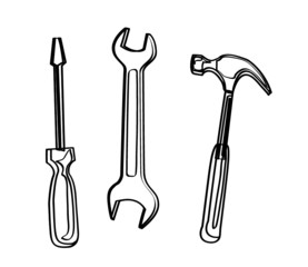wrench hammer and screwdriver tool symbol isolated on white background