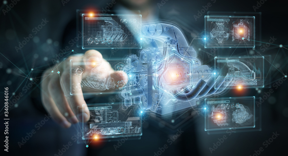 Aufkleber businessman holding and touching wireframe holographic digital projection of an engine 3d rendering