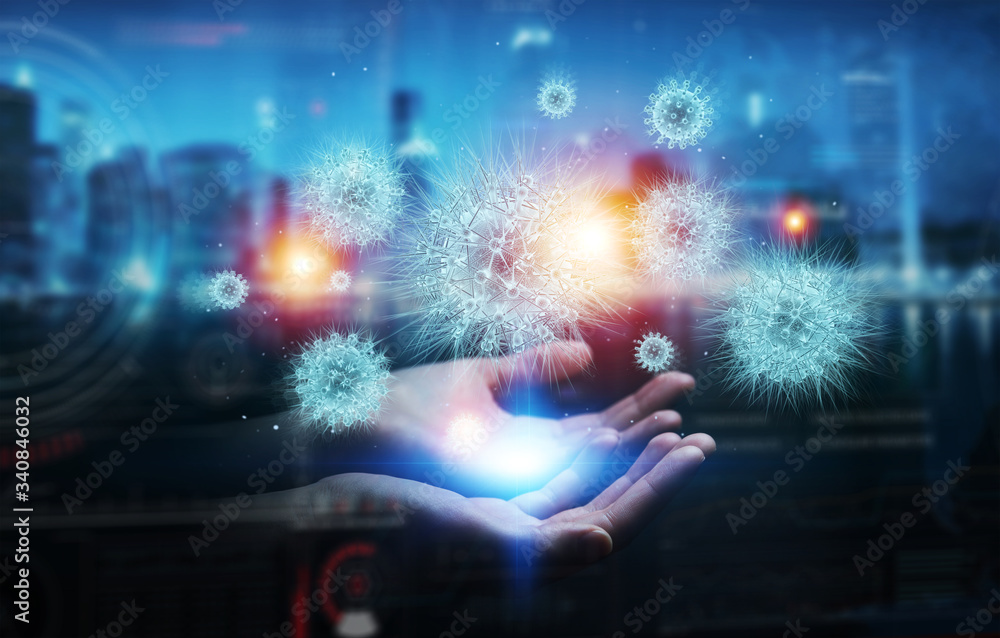 Poster man analyzing coronavirus with digital holographic projection close-up 3d rendering