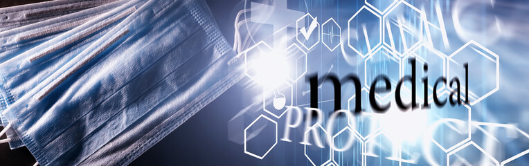 Personal protective equipment. Disposable medical mask. Gauze bandage for respiratory protection. Medical accessories.