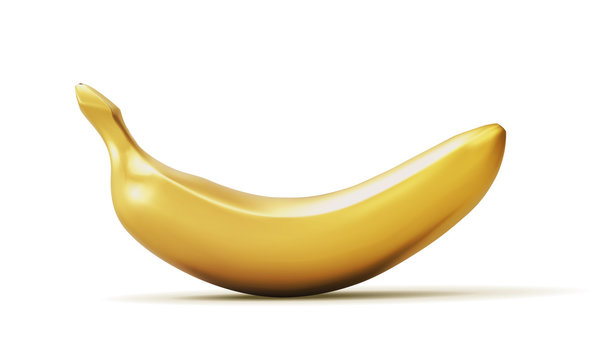 Realistic golden banana isolated on white background. 3D template for products, advertizing, web banners, leaflets. Vector illustration