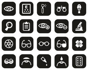 Optometry Exam & Optometry Equipment Icons White On Black Flat Design Set Big