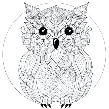 Owl.Coloring book antistress for children and adults. Illustration isolated on white background.Zen-tangle style. Black and white drawing.