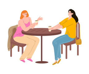 Young woman meeting friend and drinking coffee in coffeeshop vector illustration