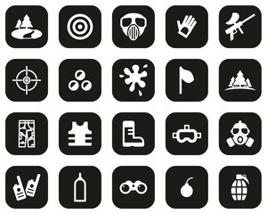 Paintball Game & Paintball Equipment Icons White On Black Flat Design Set Big