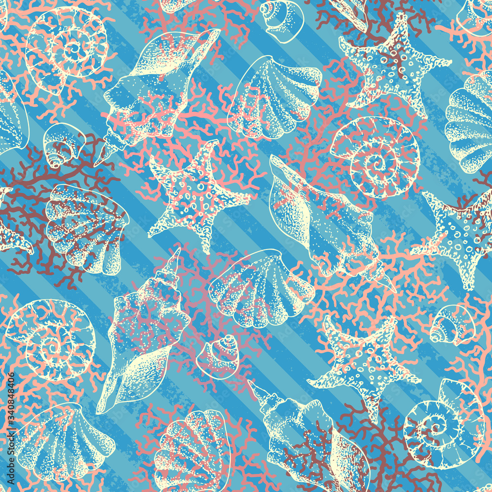 Poster seamless pattern. blue pattern and hand draw in marine style. vector illustration.