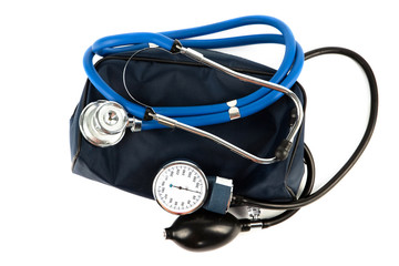 blood pressure monitor and phonendoscope isolated on white background