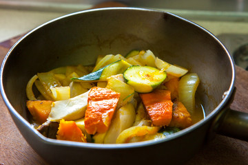 Nutritious and healthy vegetable stew in the pan
