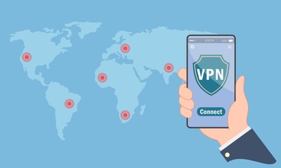 Illustration of computer user connecting to a secure and protected Virtual Private Network (VPN) via mobile phone.