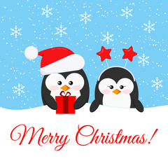 Merry Christmas card with cute penguin boy and girl with x-mas gifts vector illustration.