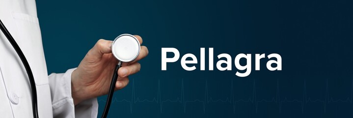 Pellagra. Arzt im Kittel hält Stethoskop. Das Wort Pellagra steht daneben. Symbol für Medizin,...