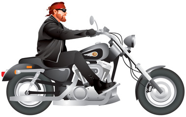 Biker riding Motorcycle, modified custom bike, Chopper motorbike, American road motor show realistic vector illustration