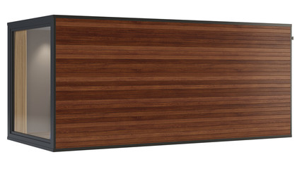 House container with a panoramic window and wooden walls on a white background. Clipping path included. 3D rendering.