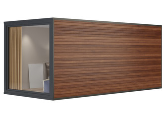 House container with a panoramic window and wooden walls on a white background. Clipping path included. 3D rendering.