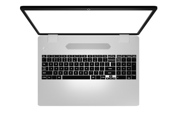 Fototapeta na wymiar top view of computer laptop with white screen, isolated on white background, 3D rendering