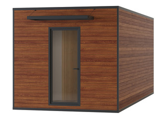 House container with a panoramic window and wooden walls on a white background. Clipping path included. 3D rendering.