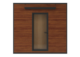 House container with a panoramic window and wooden walls on a white background. Clipping path included. 3D rendering.