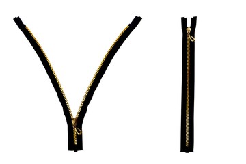 Collection of isolated zippers. Golden and black Unzipped  and zipped on white background.