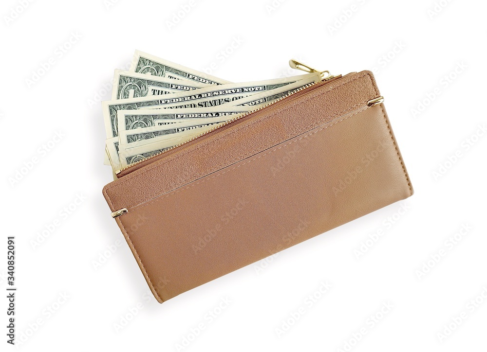 Wall mural isolated of money in brown purse on white background.