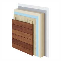 Close-up view of the cross-section of the wall. All layers. Clipping path included. 3D rendering.