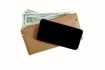 Isolated of a blank mobile  screen on money background. 