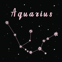 Vector illustration of Aquarius zodiac sign on a black starry background.