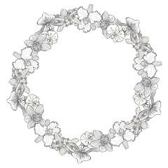 Round vector frame with orchids on white. Illustration with place for text, can be used creating card, menu or invitation card.