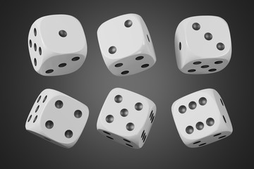 Set of white dices isolated on black background. 3d rendering - illustration.