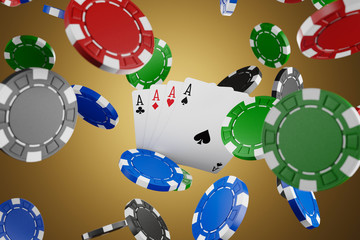 Casino chips falling and poker. Golden background. 3d rendering - illustration.