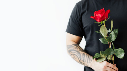 Man holding a single red rose wallpaper