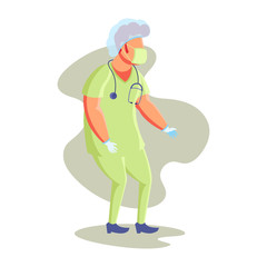 Flat Character Illustration Representing Male Nurse Wearing Green Uniform, Head Cover, Face Shield, and Mask